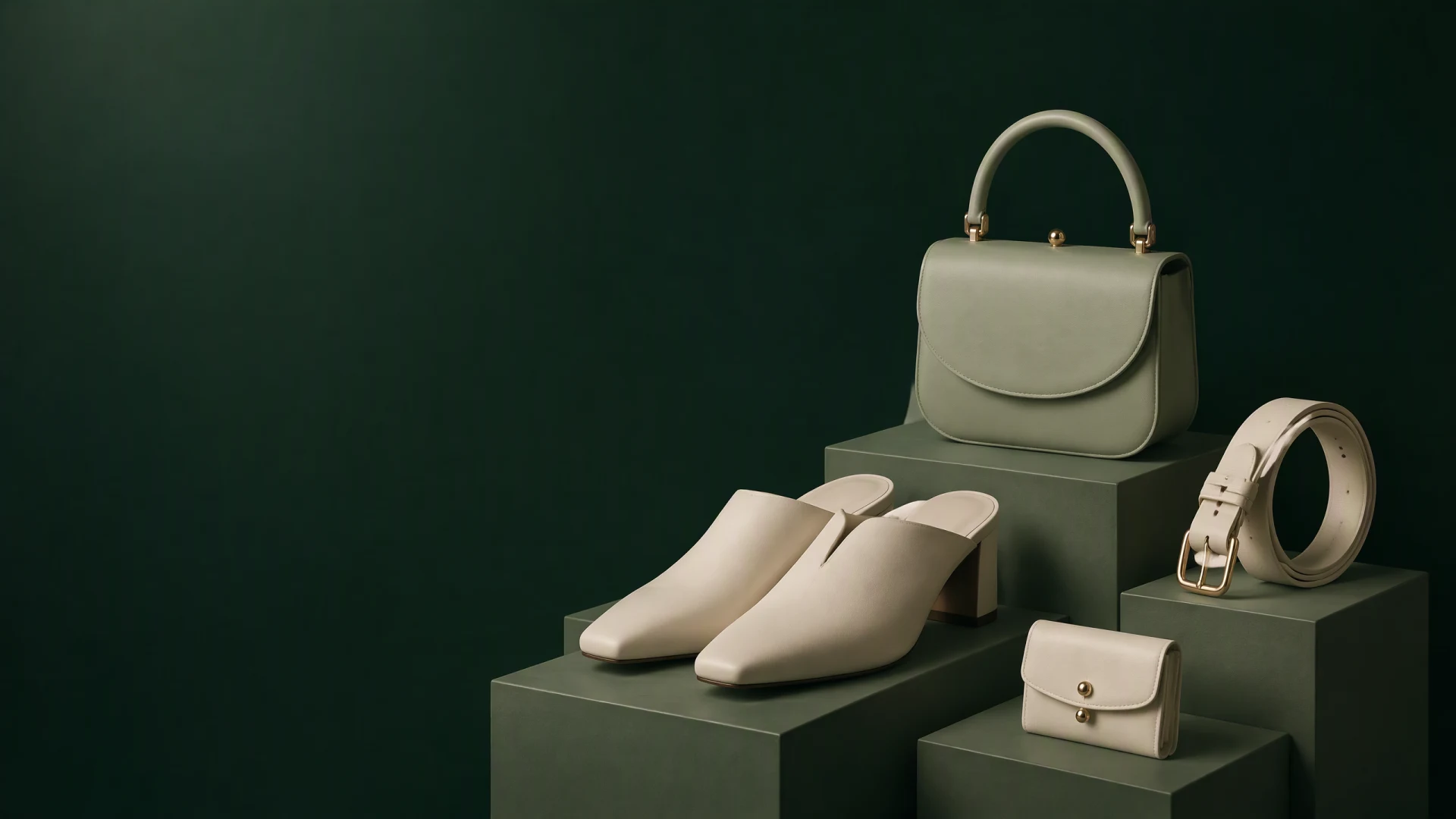 Étude de style réunissant des mules ivoire, un sac structuré, une ceinture et un portefeuille sur des socles verts.