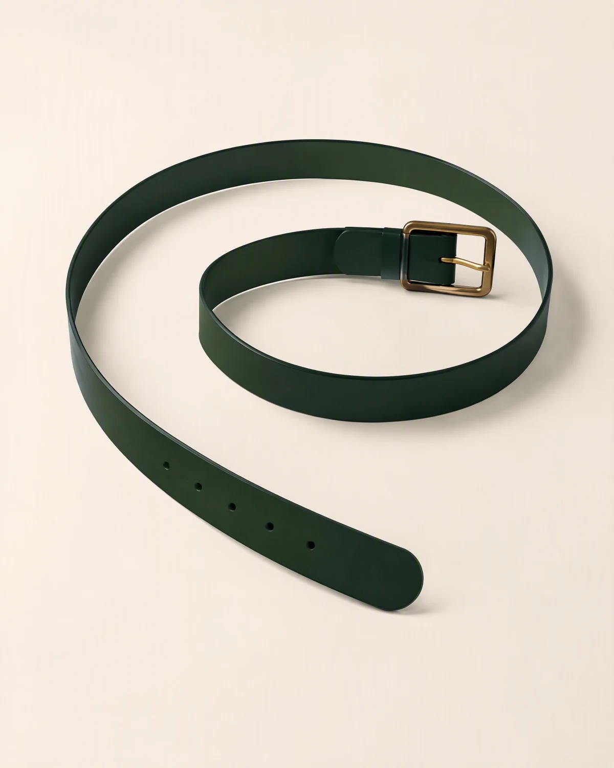 Étude de style d’une ceinture verte enroulée, perforations visibles et boucle couleur laiton.